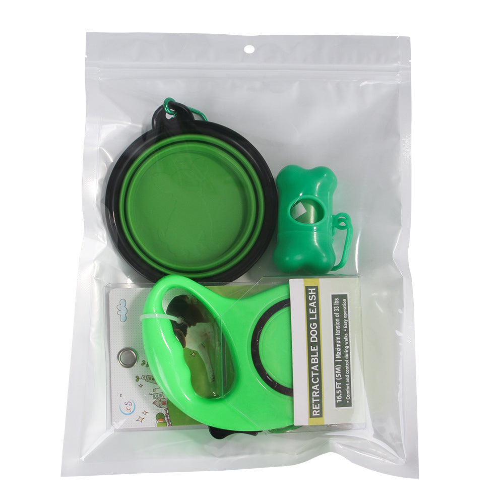 3-in-1 Retractable Dog Leash Set – Traction Rope, Foldable Bowl & Poop Bag Dispenser