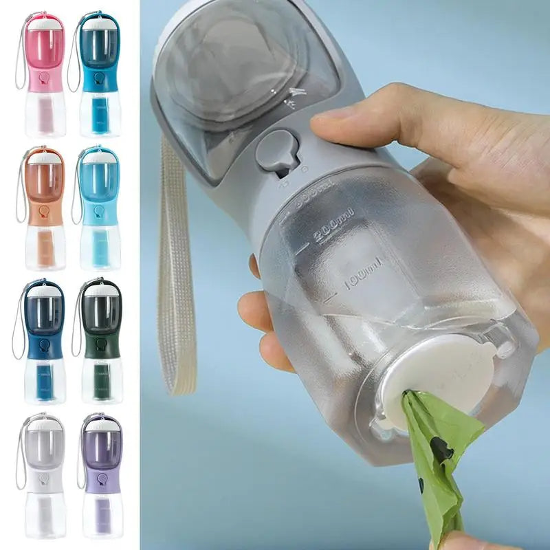 3-in-1 Portable Dog Water Bottle – Food Container & Waste Bag Dispenser