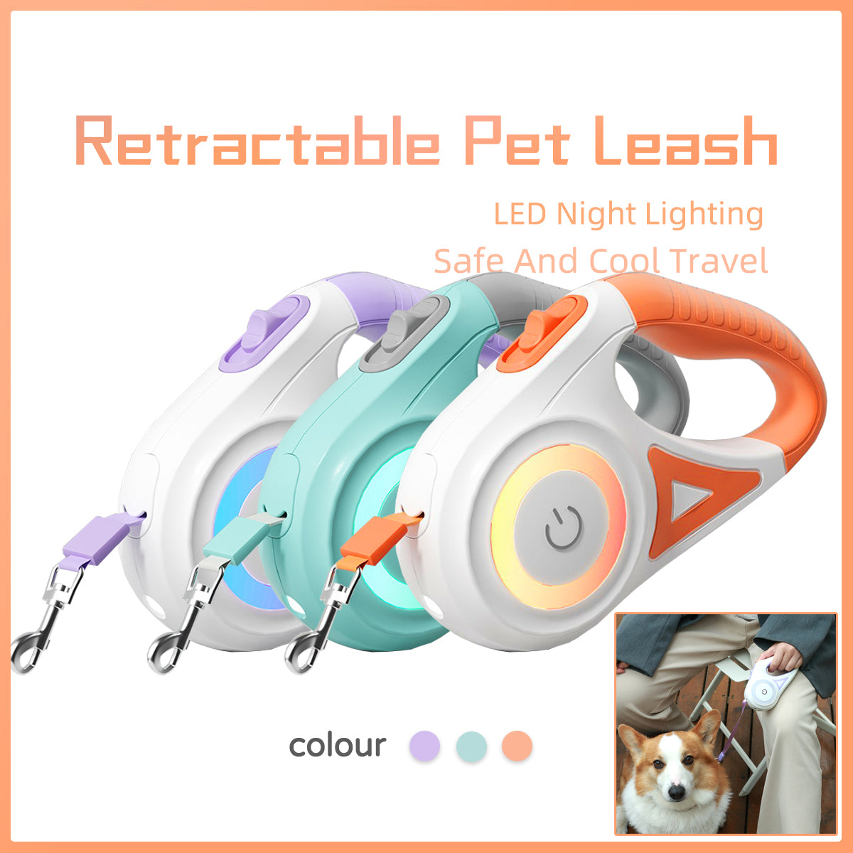 Retractable Dog Leash with LED Light – Safe Night Walking Leash for Small & Medium Dogs