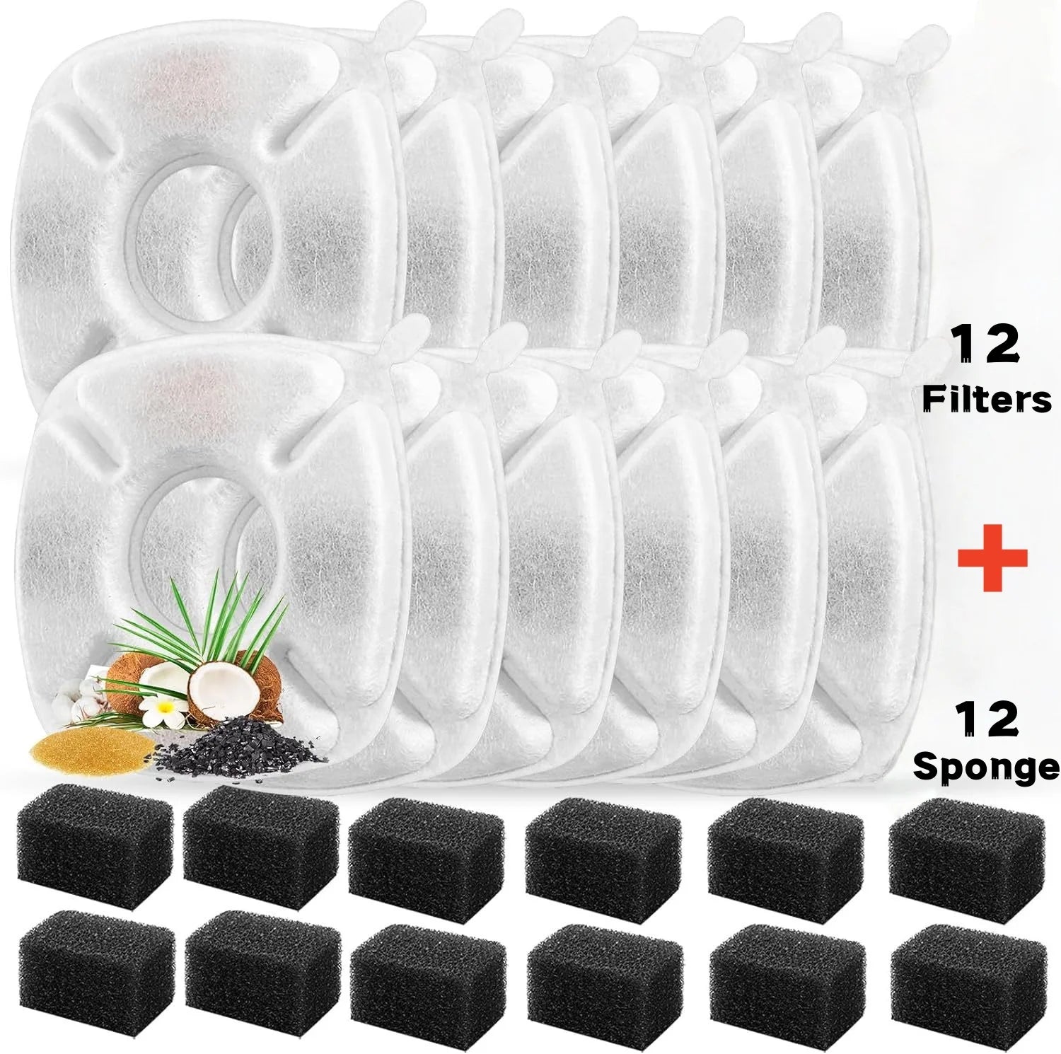 24 Pcs Cat Water Fountain Filter,12 Pack Filters & 12 Pack Pre-Filter Sponges, Compatible with 95oz/2.8L Pet Fountain